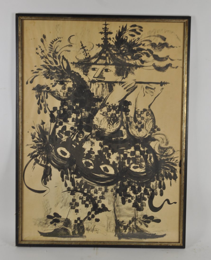 BJORN WIINBLAD (DANISH 1918-2006): Untitled (man playing the fute) 1961Lithograph on paper, signed lower center on the plate. Dimensions:H 35" W 25.5"Condition: good, has some wet stainsNote: All items are sold as-is, where-is. Any con