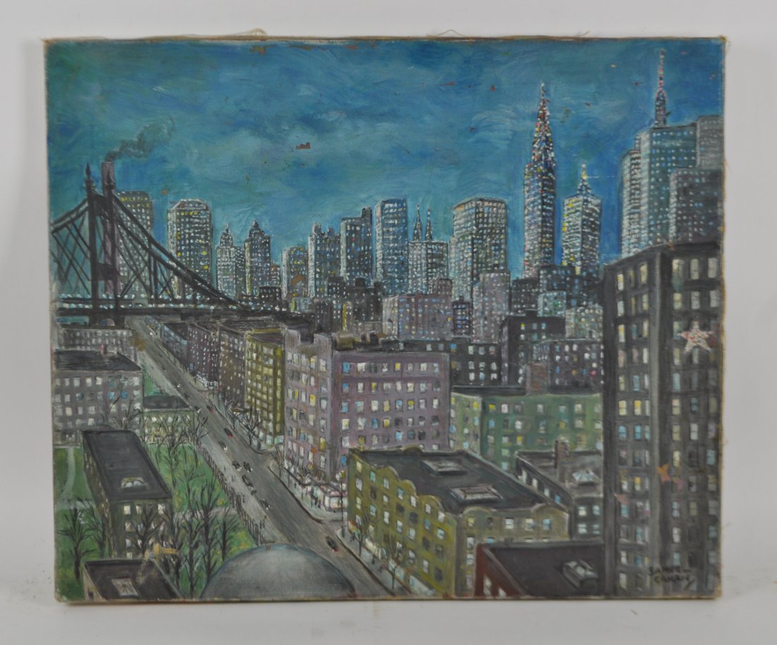 SAMUEL CANAN (20TH CENTURY ARTIST): Untitled (cityscape)Oil on canvas, signed lower right.Dimensions:H 20" W 24"Condition: good, paint loss, has foxing on the back of the canvasNote: All items are sold as-is, where-is. Any condition rep