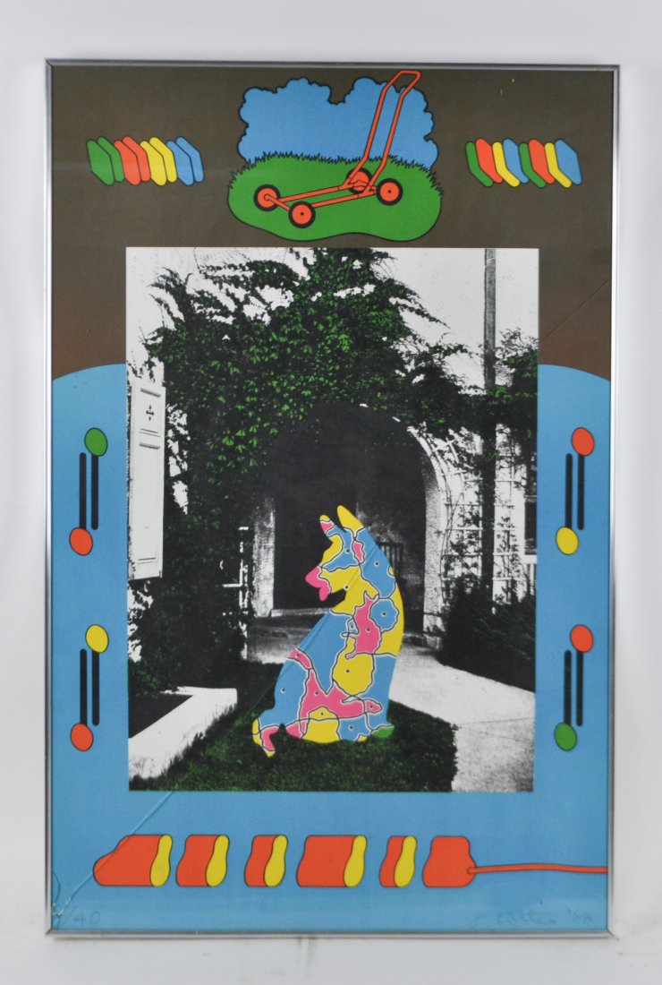 JOHN R. CARTER LITHOGRAPH: No 7,(JIGSAW DOG IN GARDEN), 1968 Color lithograph, signed & dated, edition: 2/40Condition: Cracked glass, litho is good.Note: All items are sold as-is, where-is. Any condition report is a courtesy to