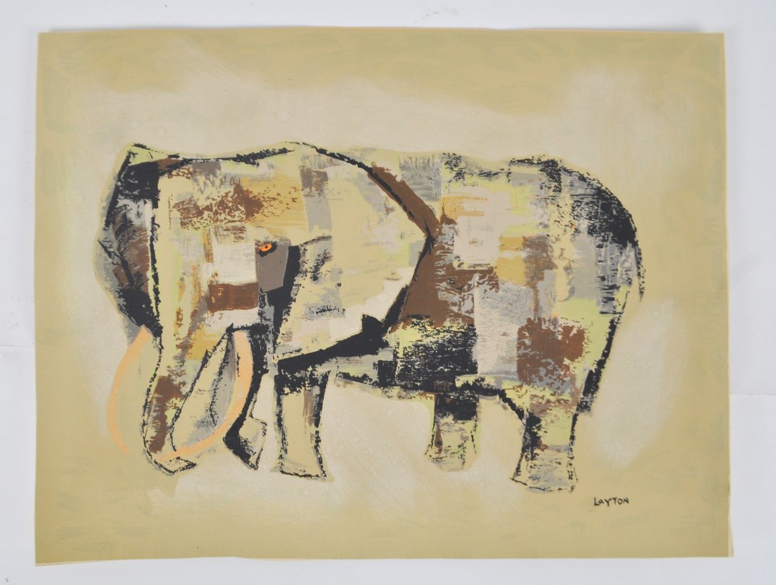 MARGARET LAYTON SILKSCREEN ELEPHANT PRINT: Dimensions: H 13" W 17"Note: All items are sold as-is, where-is. Any condition report is a courtesy to the buyer and should not be taken as fact. Please contact the auction house with any specific que