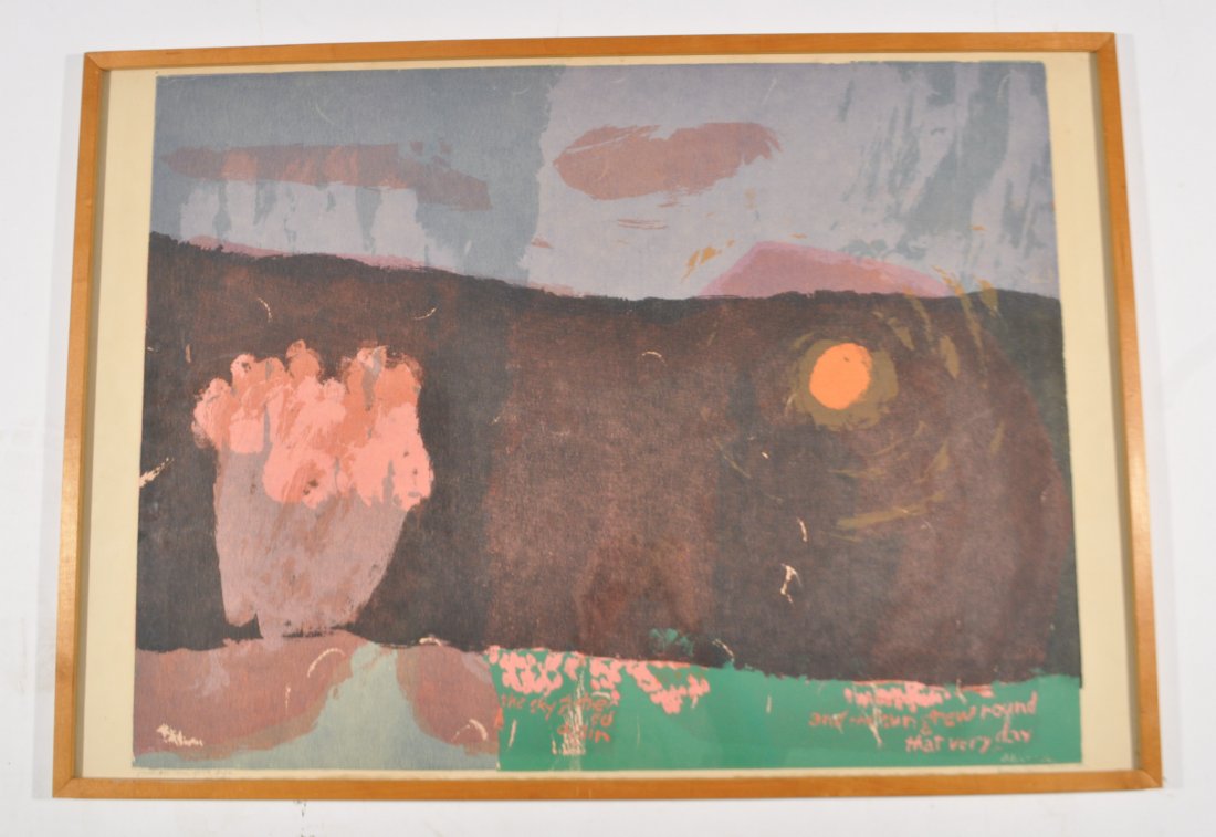 1961 SISTER MARY CORITA KENT SILK SCREEN: " Mid All These Good Gifts" Dimensions: H 23.5" x W 33.5"Note: All items are sold as-is, where is. Any condition report is a courtesy to the buyer and should not be taken as fact. Please contact the a