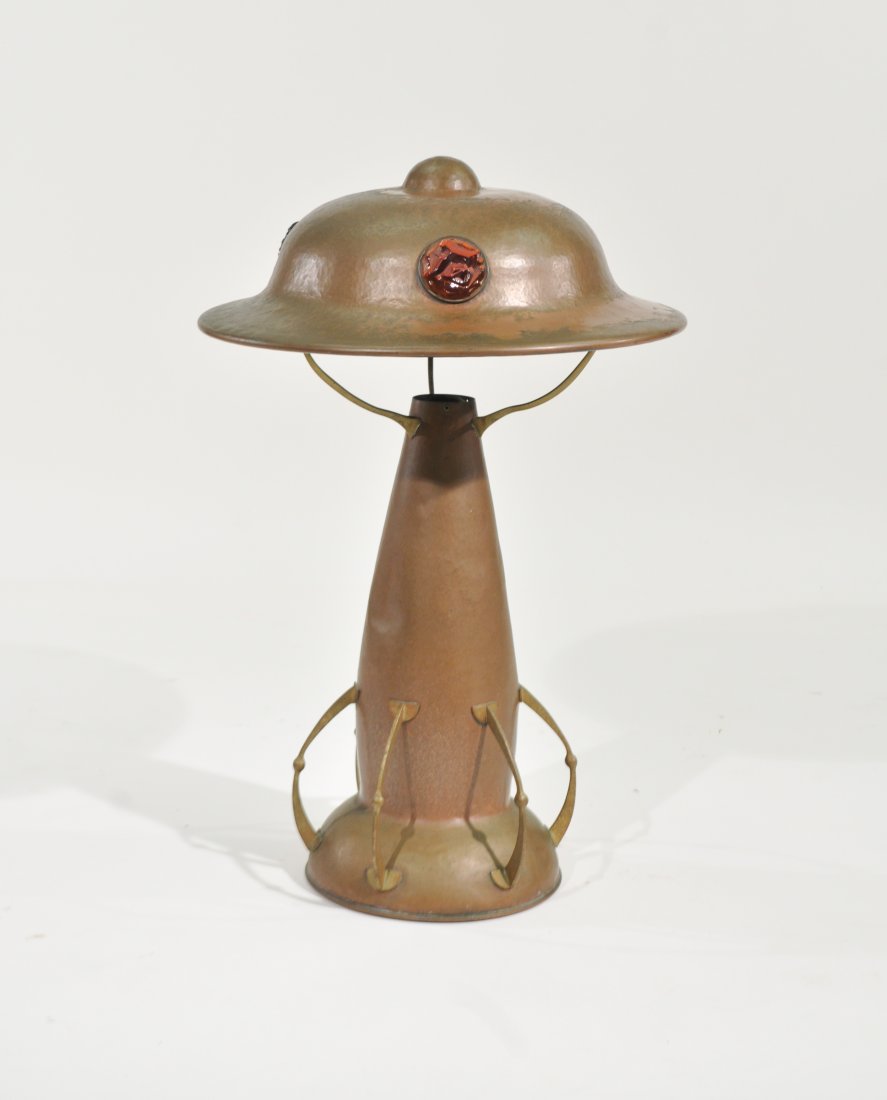 GERMAN OR AUSTRIAN ARTS & CRAFTS COPPER LAMP: Unmarked, jeweled glass inserts, missing light fixture and wiringDimensions: H 31" Diameter 19.5"Condition: overall good, a dent to the body