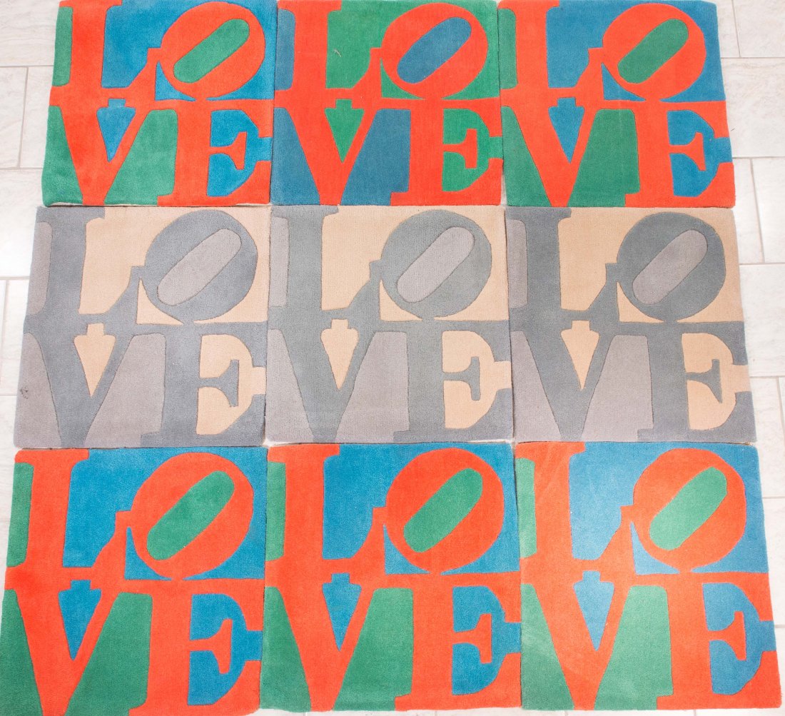 (9) ROBERT INDIANA LOVE RUGS: 9 rugs, from Master Artist Rugs, four have the stickers on the back with licensing info. hand tufted, hand carved woolDimensions: each section is H 24" x W 24"Condition: good, needs cleaning
