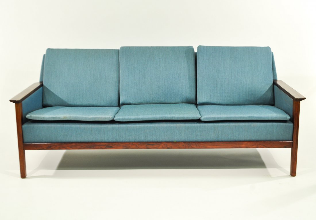 ATTR. KAI KRISTIANSEN ROSEWOOD SOFA: Retailed Domus Danica in Copenhagen in the late 1960's. Design attributed to Kai Kristiansen.Dimensions: H 30" x W 71" x D 31"Condition: good, clean