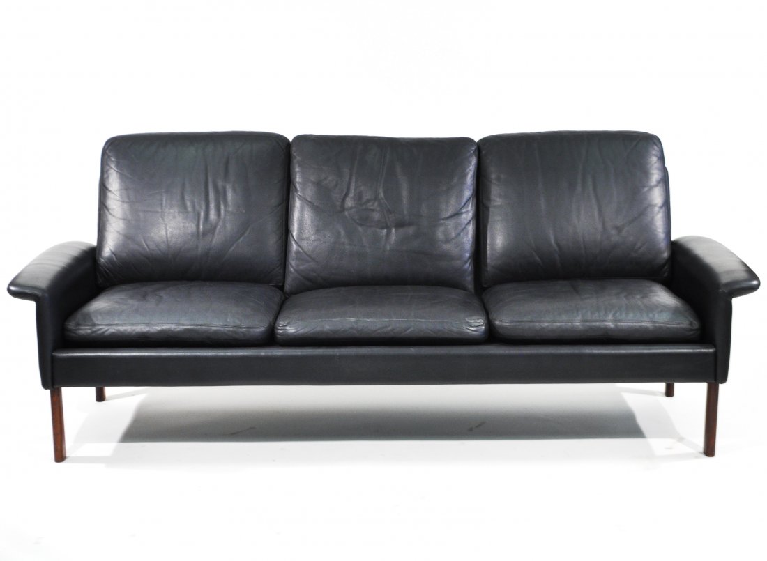 HANS OLSEN 3-SEAT DANISH LEATHER SOFA: Leather Sofa with Down filled cushions. Designed by Hans Olsen and manufactured in Denmark by Brande Møbelfabrik 1962, literature "mobilia" 1962, no. 82.Dimensions: H 32" x W 83" x D 32"Condition: go