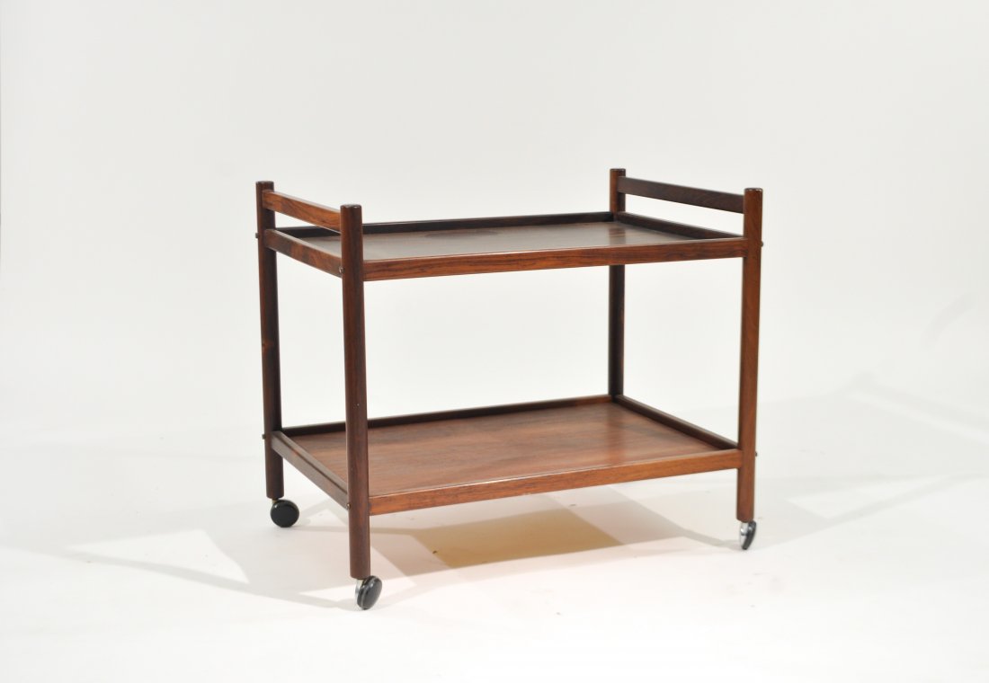 MID-CENTURY DANISH MODERN ROSEWOOD BAR CART: Dimensions: H 25" x W 28" x D 20"Condition: Good