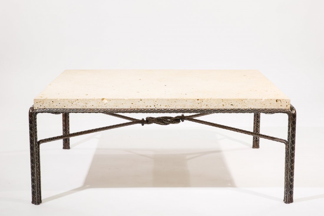 MID-CENTURY TRAVERTINE SHELL MARBLE COFFEE TABLE: Rebar base, unmarkedDimensions: H 18"x W 36" x D 42"Condition: good