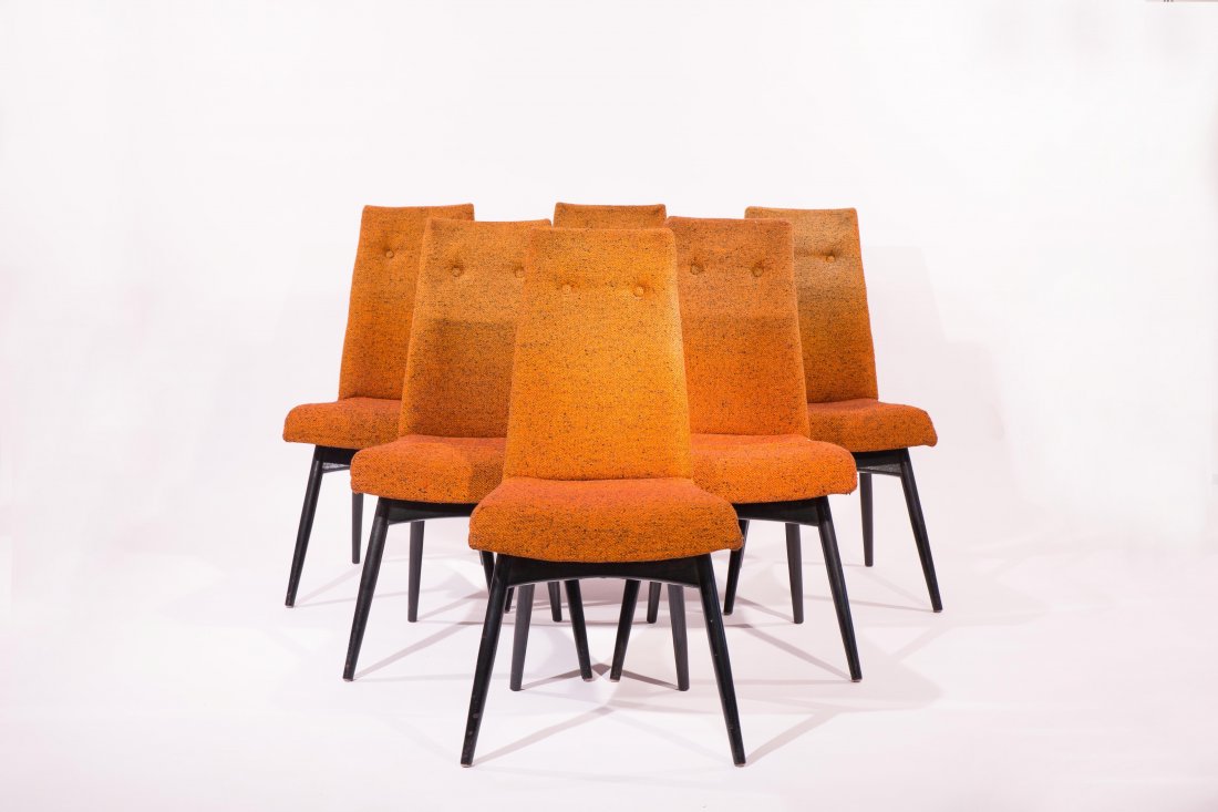 (6) MID-CENTURY ADRIAN PEARSALL DINING CHAIRS: With original fabric and labels to bottomDimensions: H 36" x W 26" x D 19"Condition: fair, fading to fabric and stiff cushioning