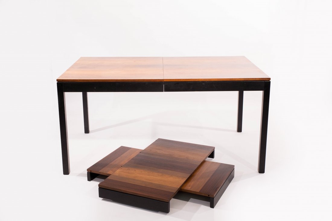 MID-CENTURY MILO BAUGHMAN DINING TABLE: For Thayer CogginDimensions: H 29.5" x W 60" x D 38", (2) 20" leavesCondition: structurally good, water staining to top, light wear around edges