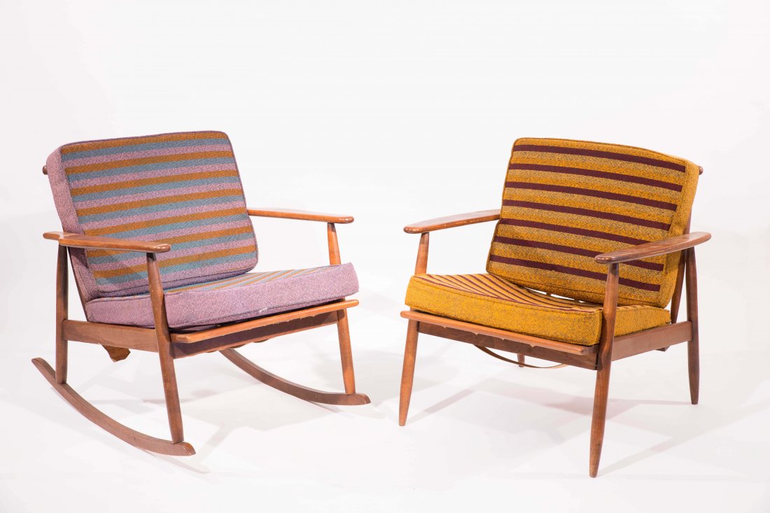 MID-CENTURY MODERN ROCKER AND LOUNGE CHAIR: Dimensions: H 28" x W 30" x D 29"Condition: fair, wear to strapping and finish on frame, vintage upholstery. Smokey smell
