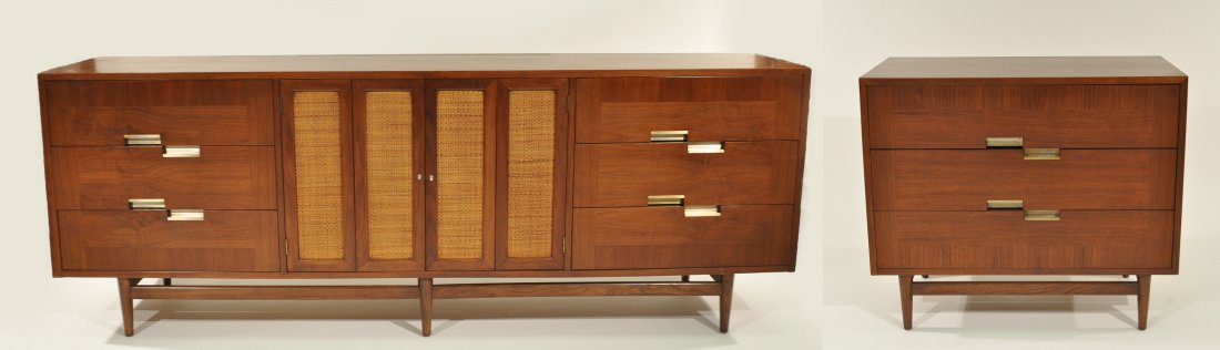 MID-CENTURY MARTINSVILLE DRESSER AND SIDEBOARD: With attractive cut aluminum cross accents to topDimensions: Sideboard: H 31" x W 84" x D 18.5"Dresser: H 31" x W 36" x D 18.5"Condition: Good