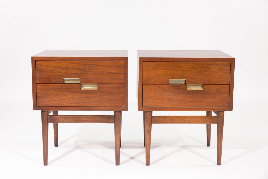 MID-CENTURY MARTINSVILLE NIGHT STANDS & KING HEADBOARD: King HeadboardDimensions: Tables: H 24" x W 20" x D 16"Condition: Normal wear, small scratching and tarnishing.