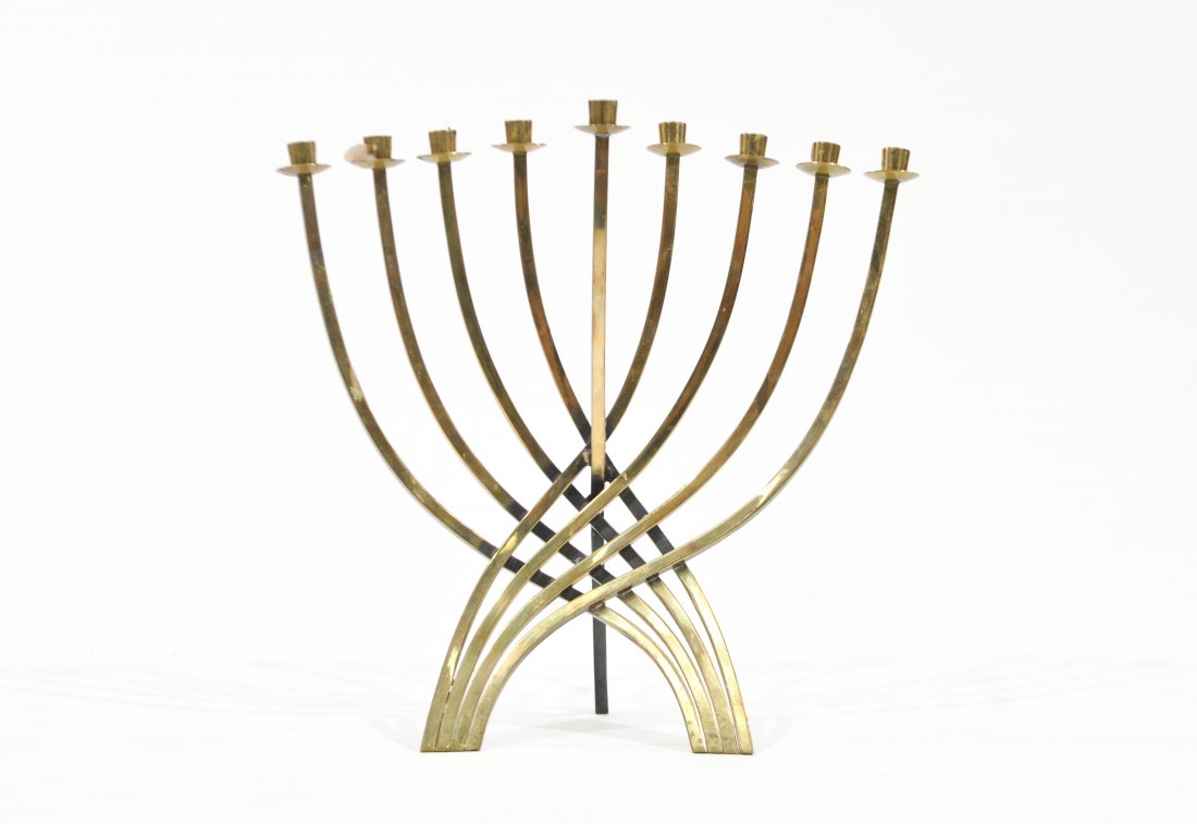 LUDWIG YEHUDA WOLPERT BRASS HANUKKAH MENORAH: Dimensions: H 11" x W 11" x D 5"Condition: good, patina