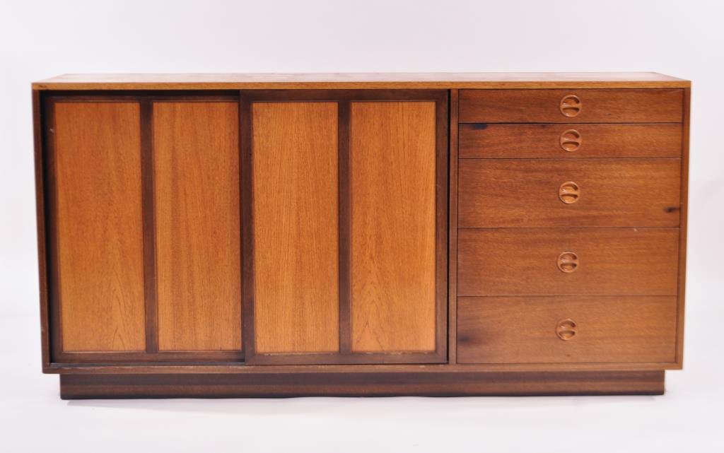 HARVEY PROBBER CANE DOOR DRESSER: Dimensions: H 32.5" x W 65.5" x D 18"Condition: overall good, some scattered surface scratching and wear to finish
