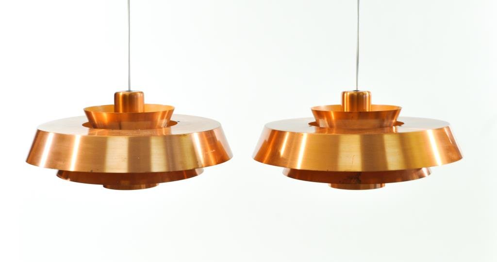 JO HAMMERBORG FOR FOG & MORUP PAIR OF PENDANTS: Pair "NOVA" brass pendants, designed by Jo Hammerborg for Fog & Morup, 1963.Dimensions: H 8" x Diameter 15"Condition: good, small areas of patina near edges