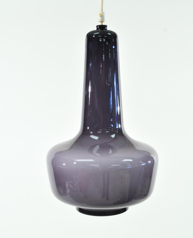 JACOB E. BANG "KRETA" PURPLE GLASS PENDANT: "Kreta", designed by Jacob E. Bang, for FOG & Morup / Holmegaard,Denmark 1965.Dimensions: H 17" x Diameter 9"Condition: good, very small fleck to top