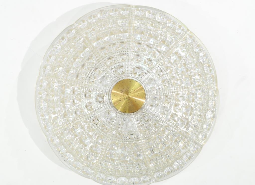 CARL FAGERLUND ORREFORS FLUSH MOUNT CRYSTAL CHANDELIER: Carl Fagerlund for Lyfa, in collaboration with Orrefors, circa 1960sDimensions: H 5" x Diameter 16"Condition: good, patina, some losses to brass finish