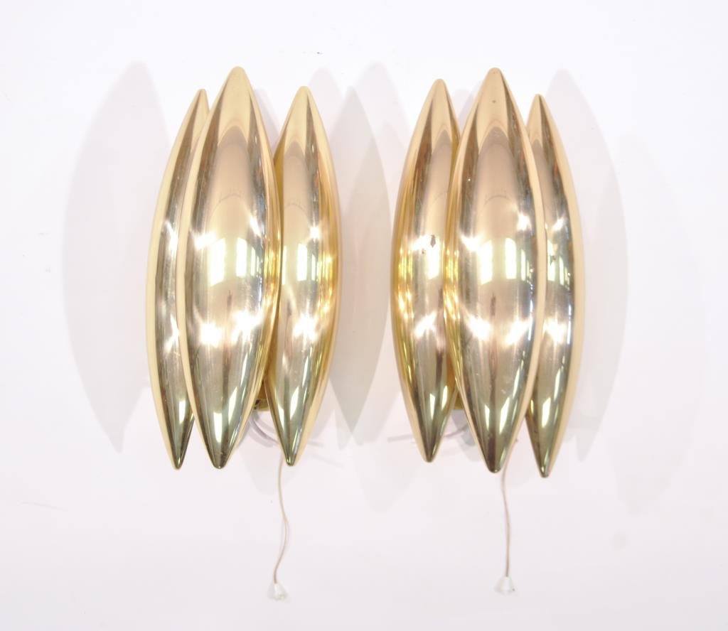 PAIR OF JO HAMMERBORG "KASTOR" BRASS SCONCES: Pair of Brass Sconces Hammerborg Model "Kastor" by Fog & Morupdesigned by Jo Hammerborg, for Fog & Morup, 1972.Dimensions: H 17" x W 15" x D 7"Condition: good, some surface scratches and losses to bra