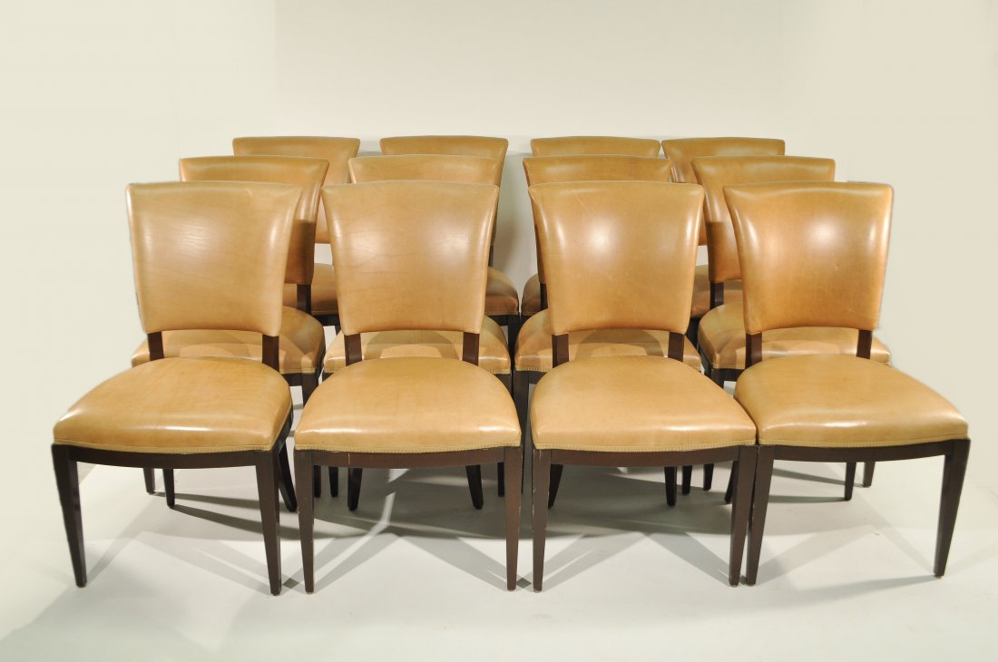(12) NANCY CORZINE LEATHER DINING CHAIRS: Dimensions: H 36" x W 20" x D 20"Condition: Good, slight scratching and minimal staining due to use.