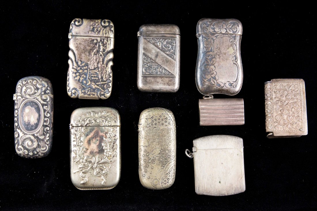 GROUPING OF SILVER MATCH SAFES ETC: Including 800, German, and Coin Silver, includes Pairpoint Mfg Co and GorhamDimensions: H 2.75" x W 1.5Condition: good