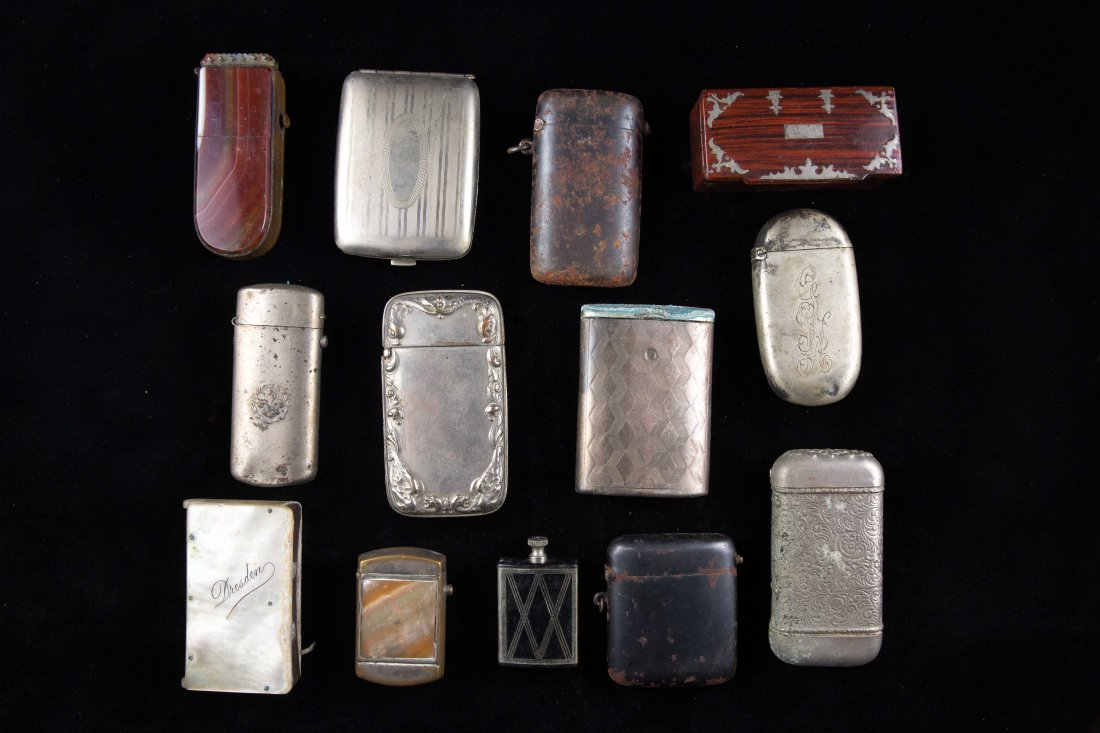 LARGE GROUPING OF ANTIQUE MATCH SAFES: 13 including abalone, deco, Fleur de Lis, agate, Dresden MOP, wood etcDimensions: H 2.5" x W 1.75"Condition: good, age appropriate wear