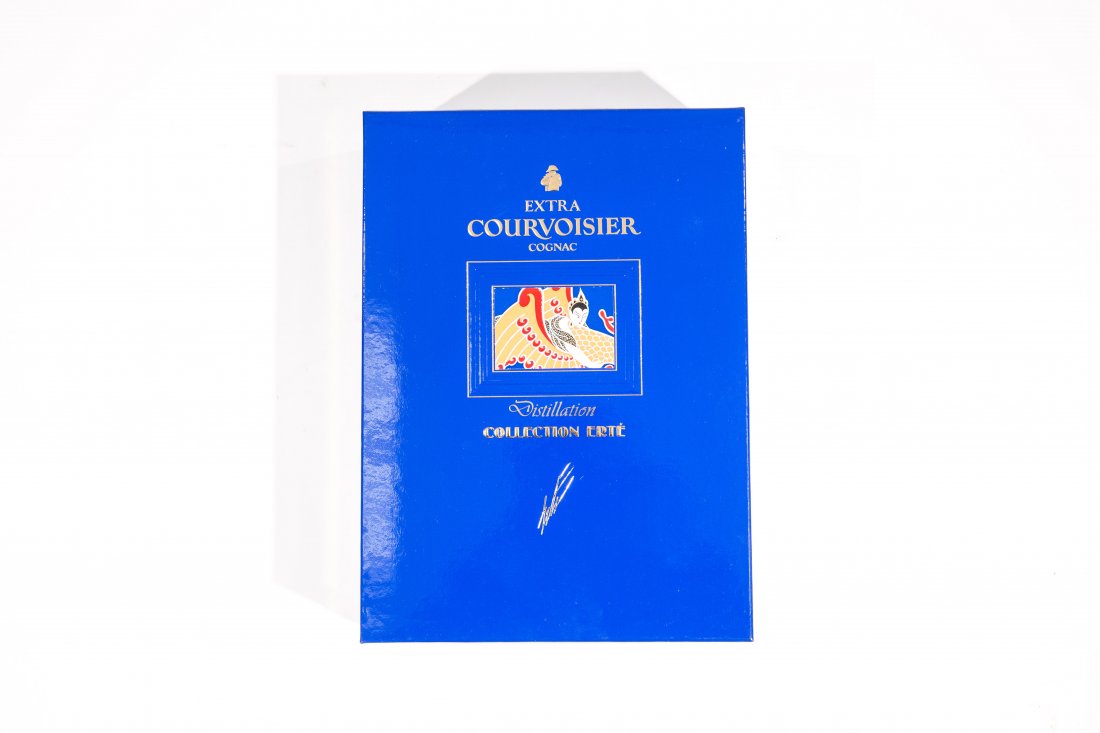 VINTAGE COURVOISIER ERTE EDITION 3: Edition No.3 Extra Courvoisier Cognac. Decanter designed by Erte. Vieillissement Collection ERTE.Condition: good, enclosed in original box, minor wear to plastic sleeve on box.Dimensions:11.5" tall x