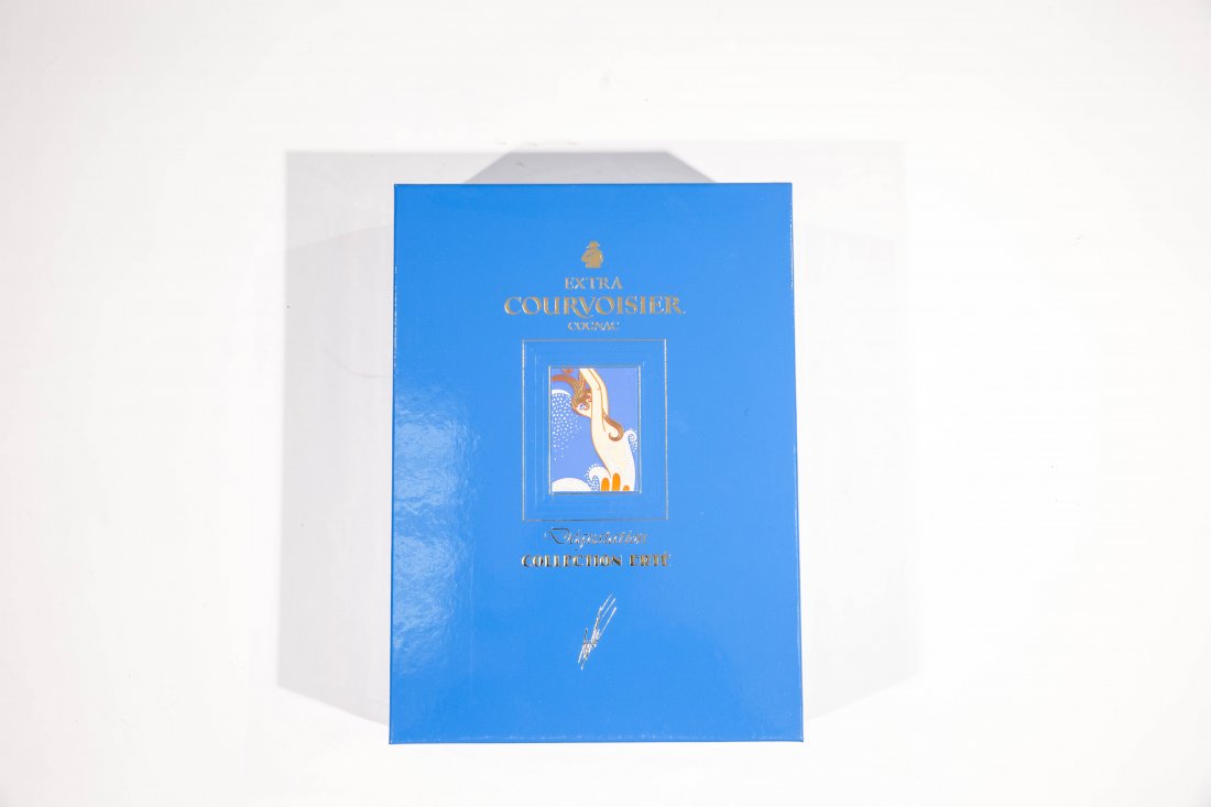 VINTAGE COURVOISIER ERTE EDITION 4: Edition No.4 Extra Courvoisier Cognac. Decanter designed by Erte. Vieillissement Collection ERTE.Condition: good, enclosed in original box, minor wear to plastic sleeve on box.Dimensions:11.5" tall x