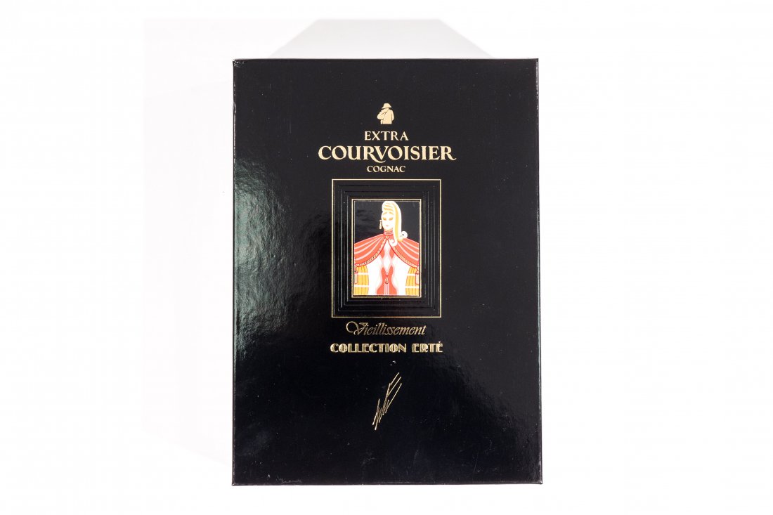 VINTAGE COURVOISIER ERTE EDITION 5: Edition No.5 Extra Courvoisier Cognac. Decanter designed by Erte. Vieillissement Collection ERTE.Condition: good, enclosed in original box, minor wear to plastic sleeve on box.Dimensions:11.5" tall x