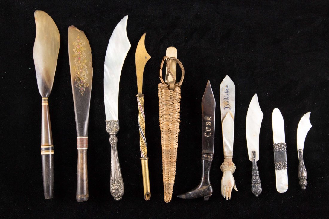 GROUPING OF LETTER OPENERS: Including sterling, mother of pearl, brass, tortoise shell, and ivory.Dimensions: Longest: L 7"Condition: Some with chips along edge.