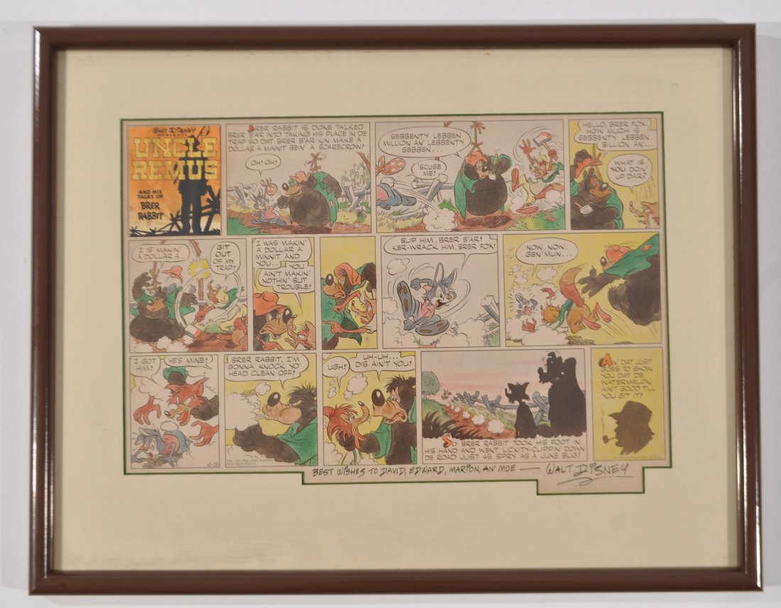1945 UNCLE REMUS COMIC, SIGNED WALT DISNEY: PRINTED AND HAND COLORED COMICOff set printed and collage on paper and hand colored watercolor. Singed to "Best Wishes To David, Edward, Marion and Moe - Walt Disney" Dimensions: frame H 15" x W 20",