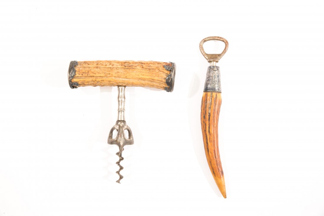 STERLING ANTLER CORKSCREW AND BOTTLE OPENER: Dimensions: H 5" x W 6" x D 1"Condition: good, some dents, small puncture to one sterling end cap