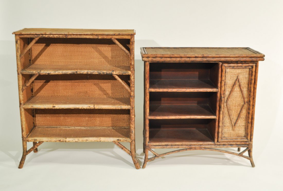(2) BAMBOO BOOKSHELF CABINETS: Dimensions: Larger: H 41" x W 34.5" x D 12"Condition: As is