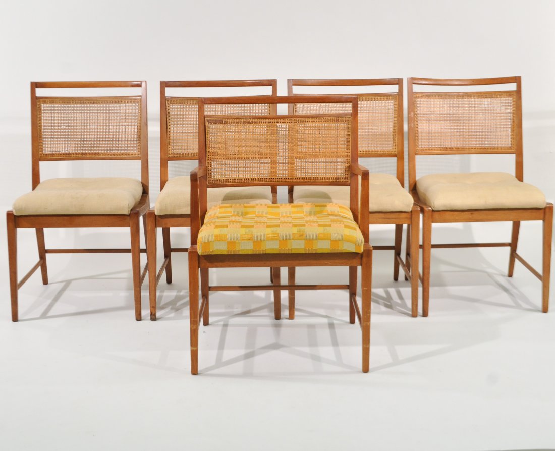 (5) HARVEY PROBBER DINING CHAIRS: Dimensions: H 35" W 24" D 23" armchairCondition: varying, some losses to caning, marks to upholstery, back support on one chair has broke from joint, piece is included