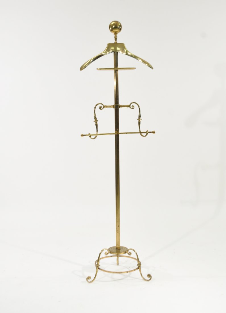 BRASS VALET COAT STAND: Dimensions: H 61" x W 17" x D 15"Condition: patina, some loss to finish, structurally good
