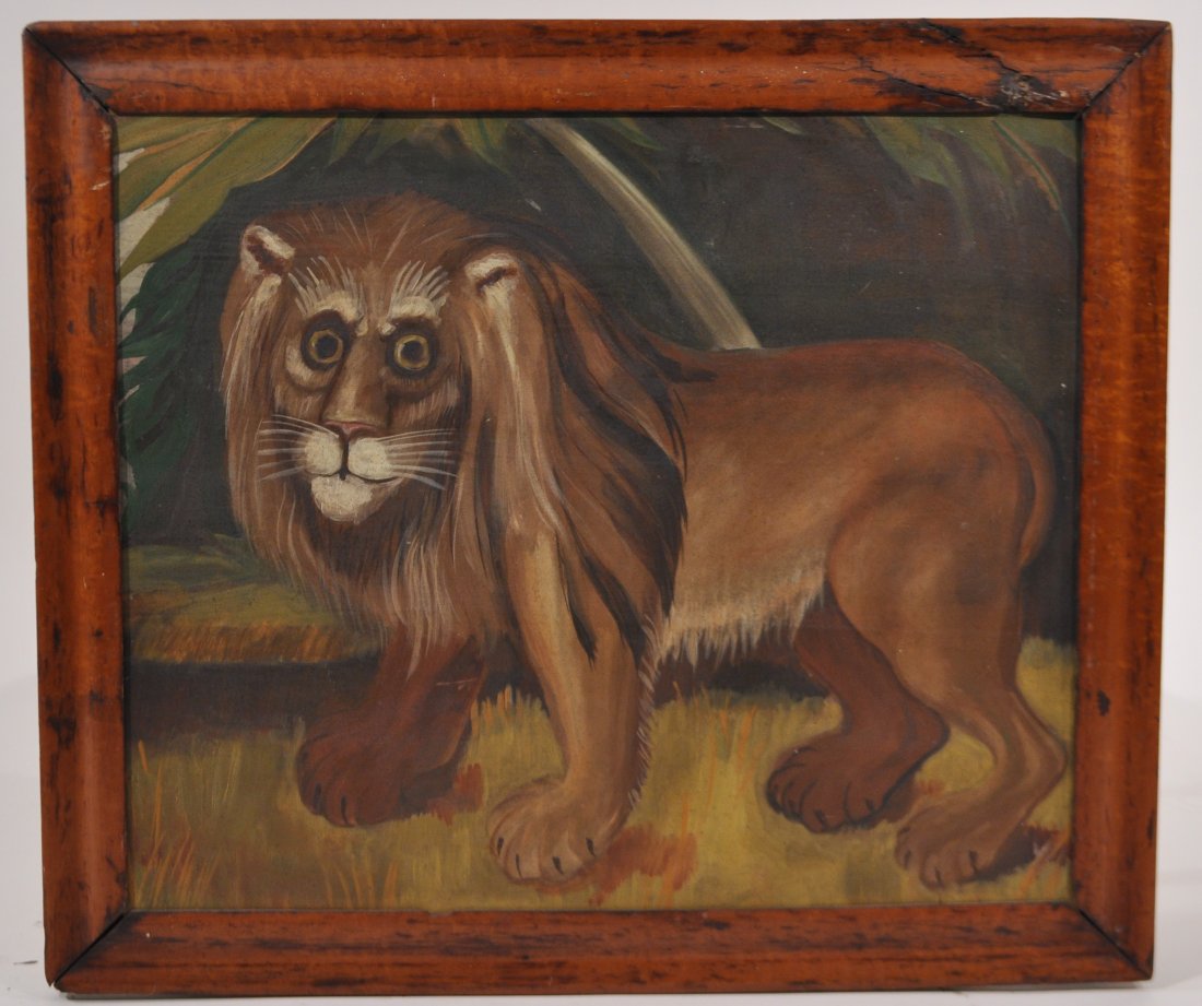 20TH CENTURY FOLK ART LION PAINTING: Untitled ( inspired from the painting by Edward Hicks Peaceable Kingdom) in antique frame. Oil on board, not signedDimensions: Framed H 25" X W28.5, Sight H21" x W24.5" Condition: good