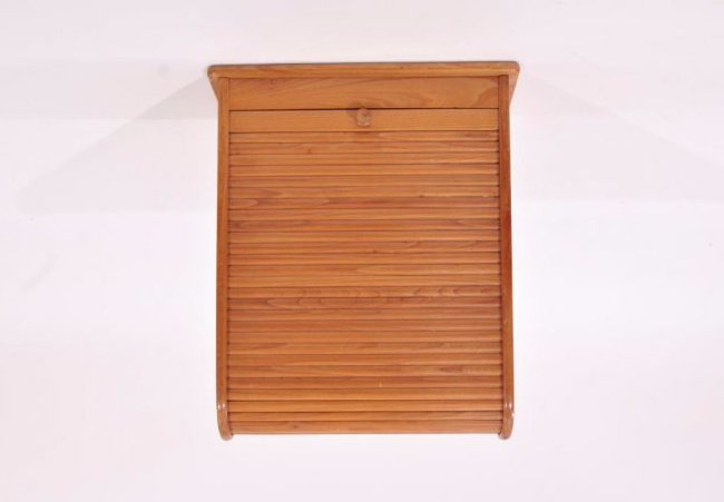 TAMBOUR DOOR DANISH WALL CABINET: Danish 1950s Beech Entry Wall Cabinet w/ Tambour door.Dimensions: H 20" x W 17" x D 8.5"Condition: Good, used