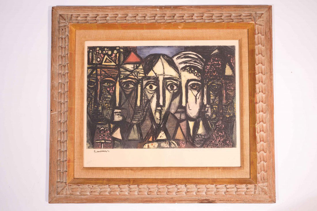 ABRAHAM RATTNER (AMERICAN 1893-1978): "Among Those Who Stood There", ca.1944Color etching / Mixed media print with stencil over offset lithography and hand-applied coloring on paper. Signed lower left ,edition 2/20 and titled lower right.