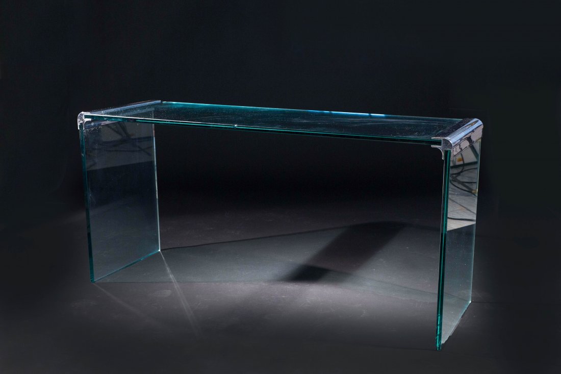 PACE COLLECTION GLASS CONSOLE TABLE: Dimensions: H 27" x W 56.5" x D 17.75"Condition: Chipping to corners on side panels, chipping to edge on top panel