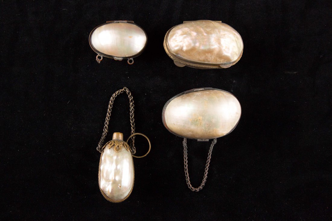 (4) MOTHER OF PEARL THIMBLE BOXES: Includes 3 thimble boxes and 1 perfume chatelaine. Dimensions: Largest: 2.5"Condition: Scent bottle missing stopper.