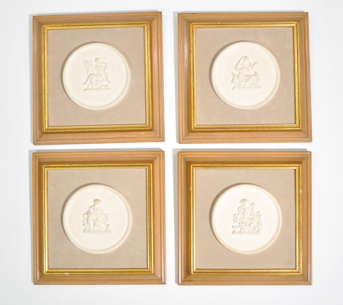 GROUPING OF 4 PARIAN PLAQUES: Dimensions: Frame: 12" square Plaque: 6"Condition: Good, small chips to frame