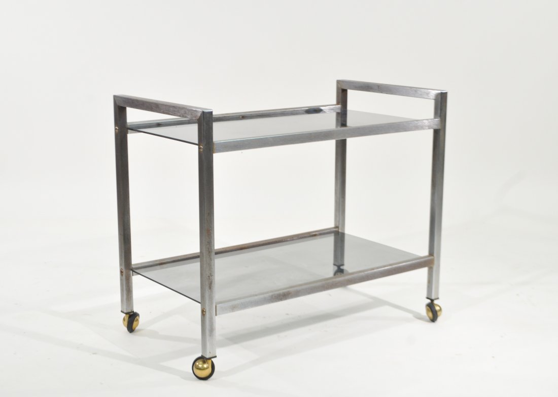 MID-CENTURY STEEL FRAME BAR CART: Dimensions: H 25" x W 30" x D 16.5"Condition: Pitting