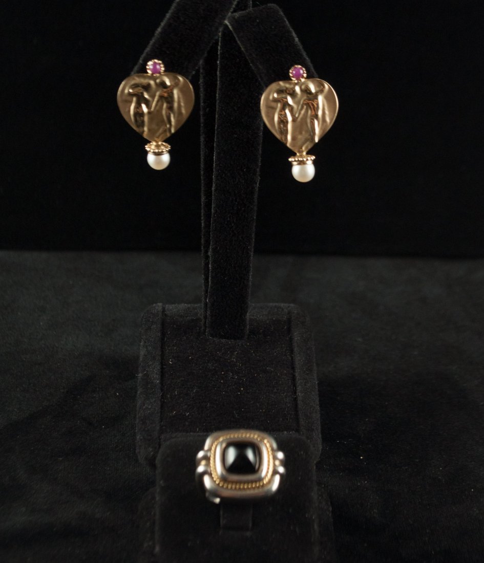 PAIR OF 14K GOLD RUBY AND PEARL EARRINGS 18K: GOLD AND SILVER TIFFANY RING WITH CARBOCHON STONES.Weight: 12.8 dwtDimensions: Drop: 1.25" x Face: 0.75"Ring Size: 6Condition: Good
