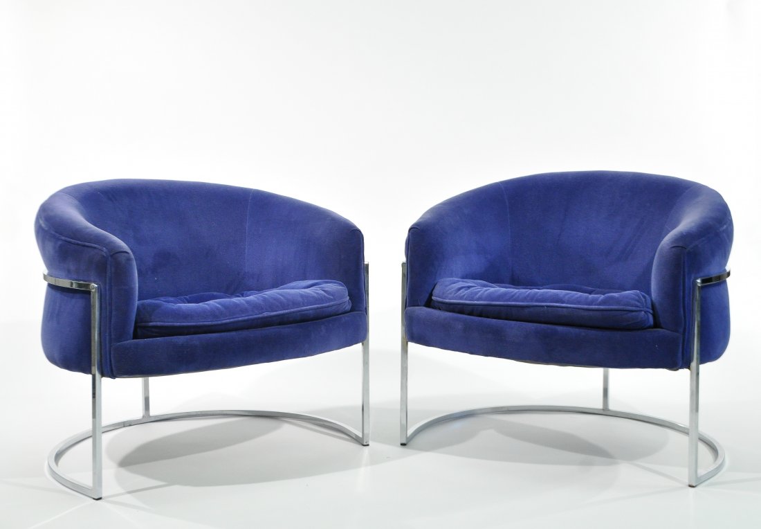 PAIR OF MID-CENTURY CHROME BARREL BACK CHAIRS: Bernhardt Furniture Company, original upholsteryDimensions: H 27" x W 31" x D 31"Condition: good, chrome is mostly clean and bright, some light pitting around, some rust spots near connection with sea