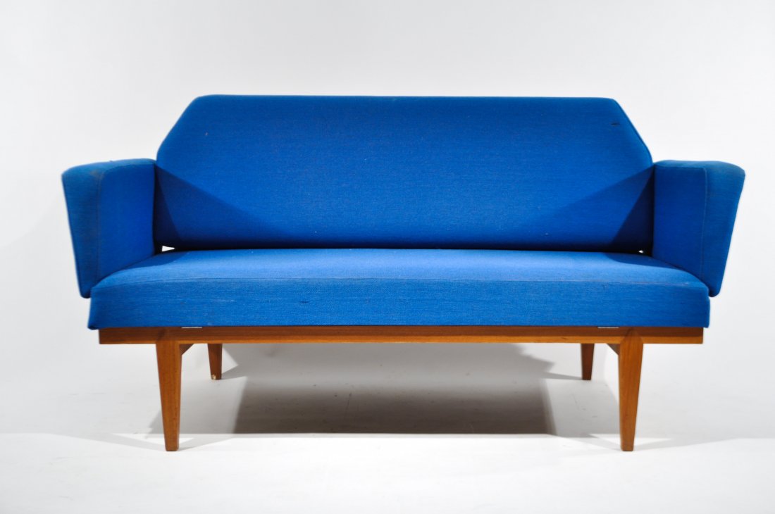 SEVERIN HANSEN JR. DANISH TEAK DAYBED: Designed by Severin Hansen jr. for Haslev Møbler, 1960Dimensions: H 26" x W 58" x D 28"Condition: overall good, some small tears to upholstery, some wear around edges of wood, back does not connect p