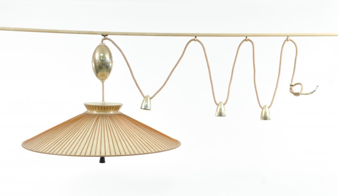 MID-CENTURY LIGHTOLIER ADJUSTABLE CHANDELIER: With extra new old stock shade in original boxDimensions: H 10" x Diameter 26" shadeCondition: good vintage condition