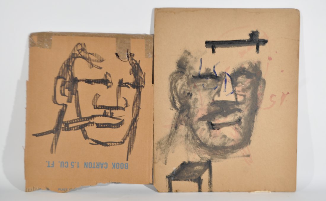 ROBERT LOUGHLIN (AMERICAN 1949 - 2011): Untitled (two-sided men's faces.)Acrylic on one side and marker on the other side on board, not signed Dimensions: H 24" x W 19"Condition: good and Untitled (men's face.)Marks on cardboard, not signed