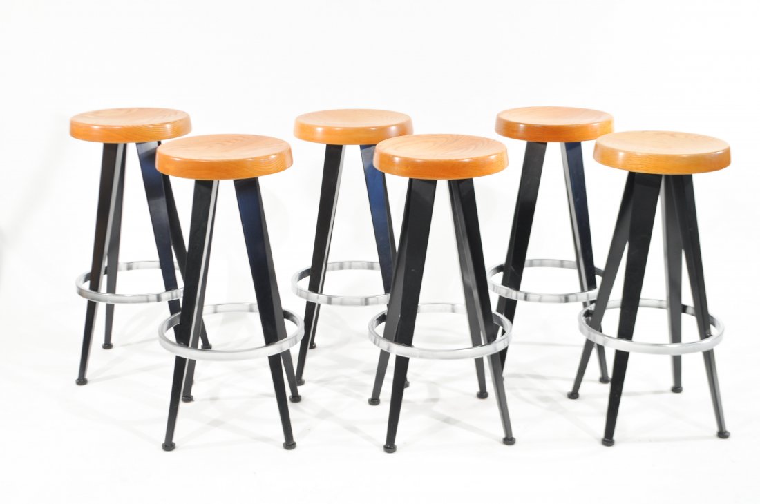 AFTER JEAN PROUVE (6) BAR STOOLS: 6 Bar stool with solid oak top, black lacquered and polished aluminum, c. 1989, after Jean Prouve, France.Dimensions: H 28" x D 14"Condition: Very good