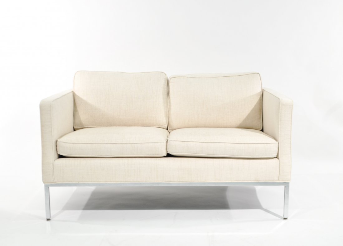 MILO BAUGHMAN FOR THAYER COGGIN LOVESEAT: Original label. Dimensions: H 31" x W 53" x D 30"Condition: Good