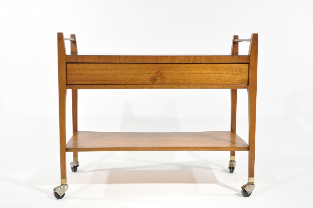 MID-CENTURY LANE BAR CART: Dimensions: H 29" x W 34.5" x D 16"Condition: good, some surface scratching
