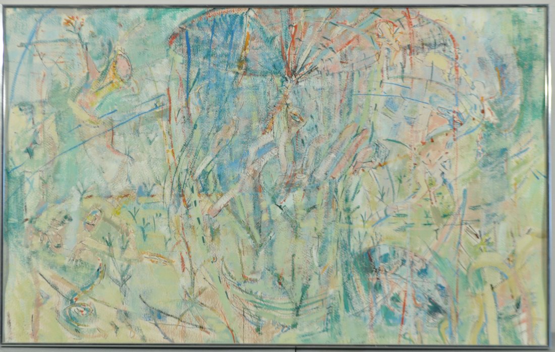 ABSTRACT PAITING BY SUSANNA COFFEY (AMERICAN -): Untitled (abstract color and shapes.), 1982Mixed media on paper, signed, dated,dedicated Condition goodDimensions Framed H 25" x40.5, sight H 24.5'' W 39 3/4"